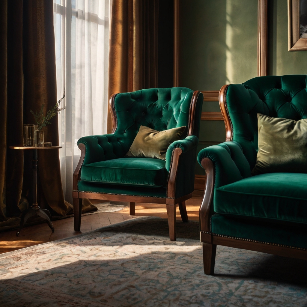 Emerald velvet armchair glowing warmly under afternoon sunlight in a cozy corner. Textured walls and perfect velvet stitching add dreamy softness to the space.