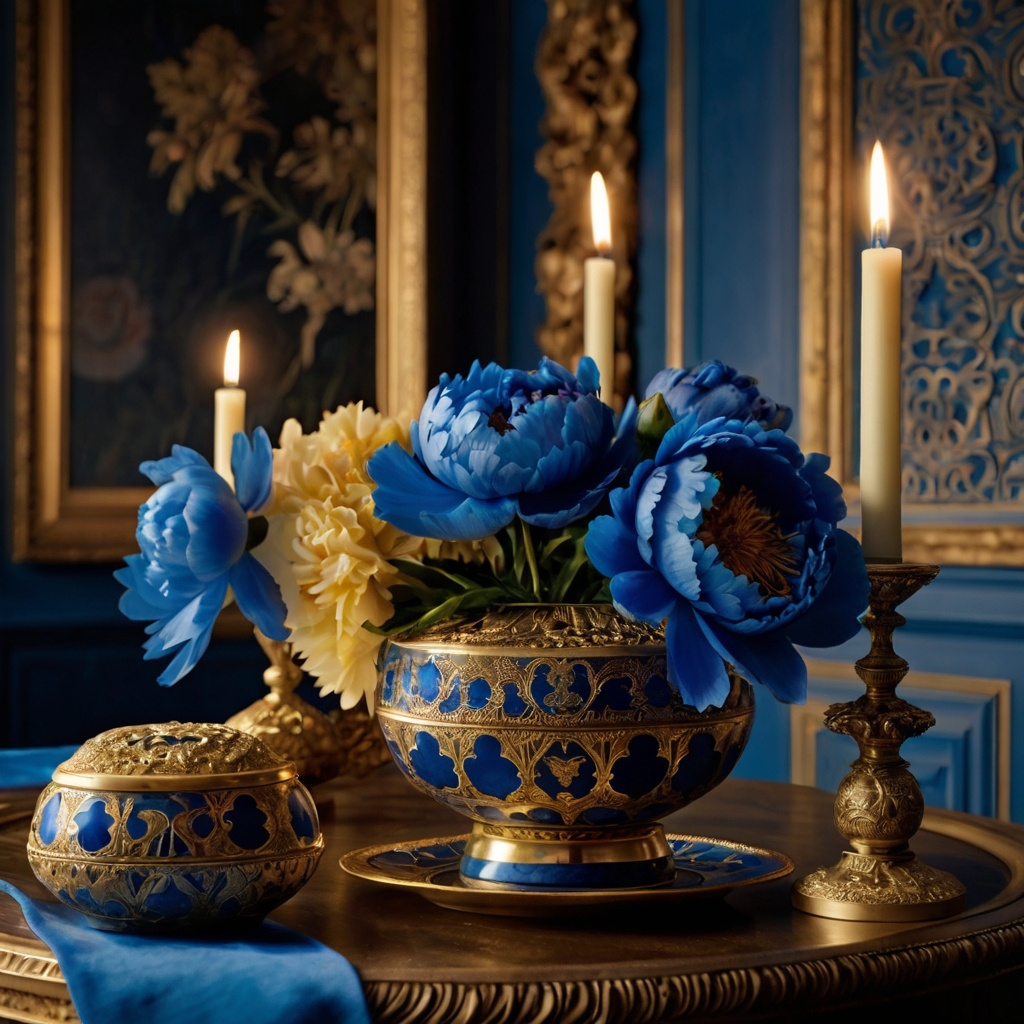 Velvet blue peonies nestle in ornate gold bowls, plush petals glowing warmly beneath soft candlelight. The combination of gold and deep blue creates an opulent, romantic atmosphere.