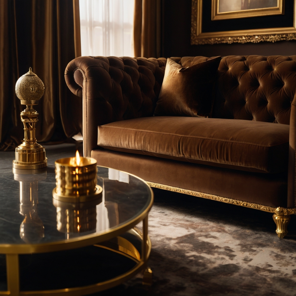 Moody velvet chocolate couch with gold decor glowing under ambient lighting. Luxe textures and rich shadows create elegant contrast.