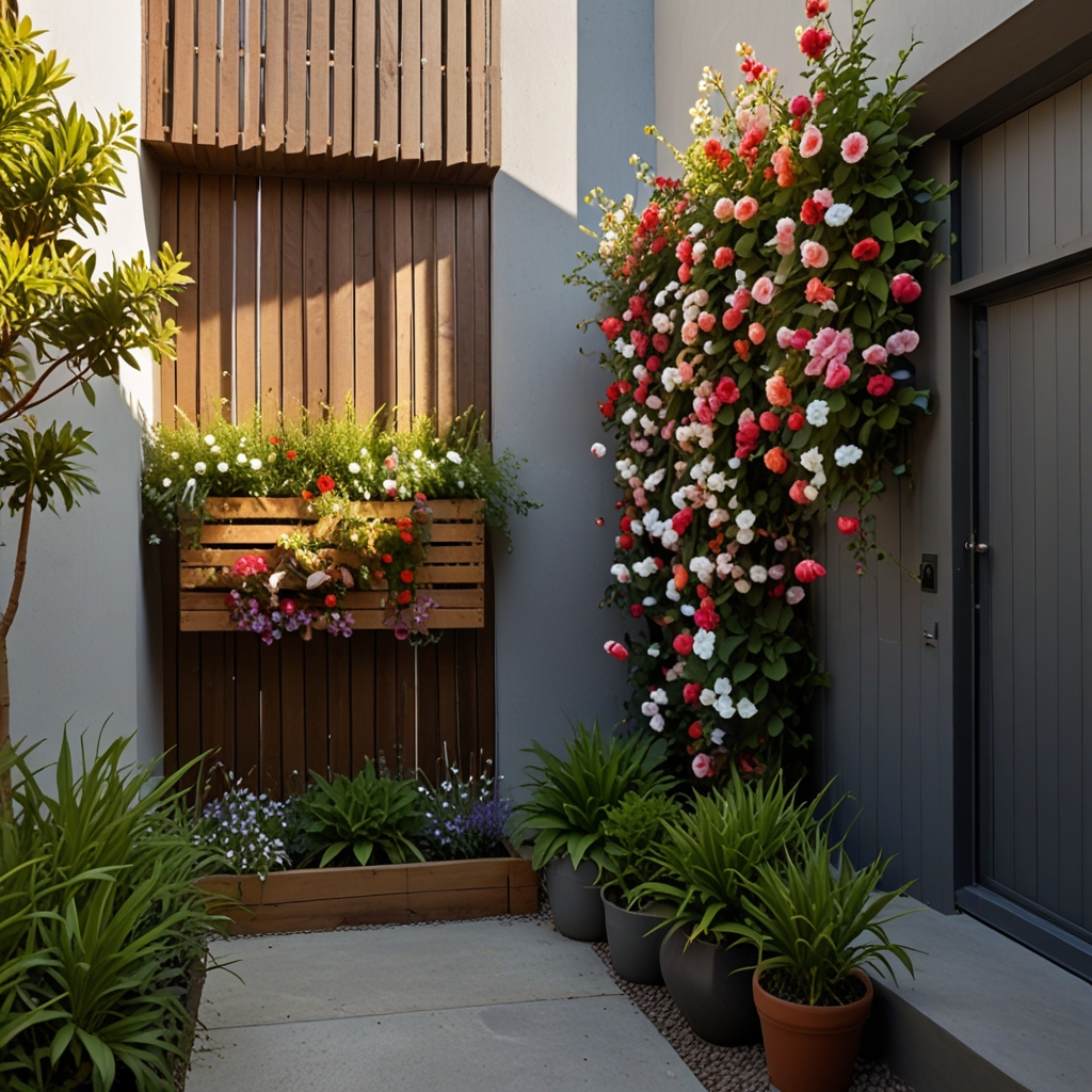 Crates stacked vertically by door overflow with blossoms. Mid-height view shows sunlight trickling through each floral layer.