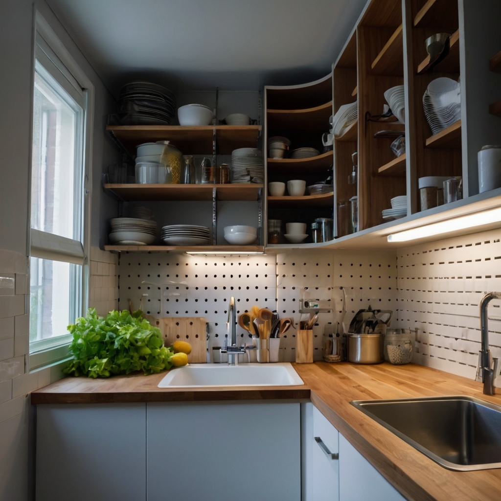 Compact kitchen corner with tall pegboard, over-sink rack, and full-height cabinets. Sink-level view emphasizes vertical organization.