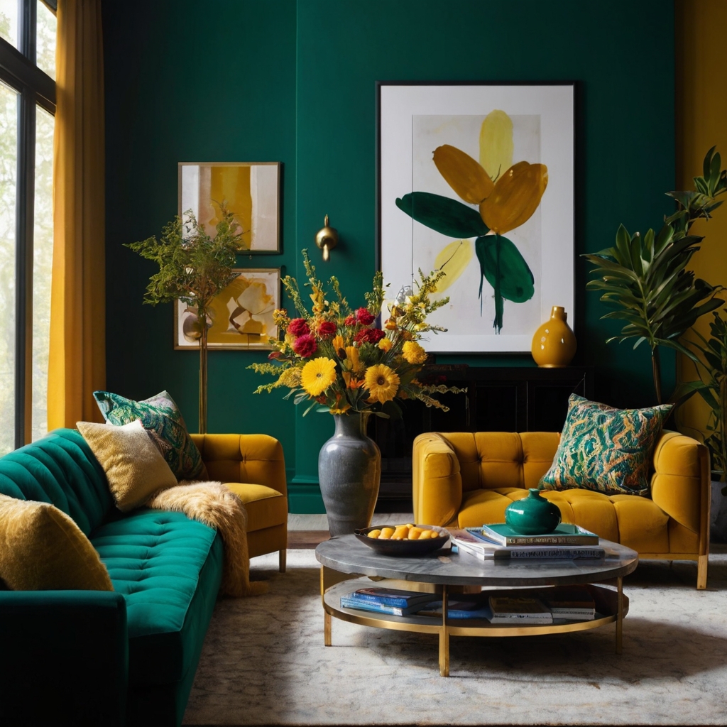A vibrant living room with bold colors like teal and mustard yellow. Bright ceiling lights and natural light create an energetic, dynamic space.