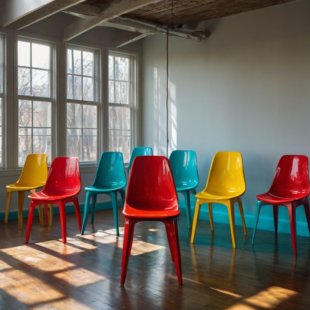 Brightly colored chairs in red, teal, and yellow stand out in a minimalist living room. Natural sunlight highlights their bold contrast against a simple, modern backdrop.