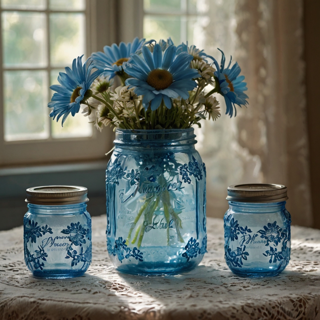 Vintage-style jars with lace trimmings hold blue daisies, bathed in warm window sunlight. Gentle shadows and delicate details offer a nostalgic, tender centerpiece vibe.