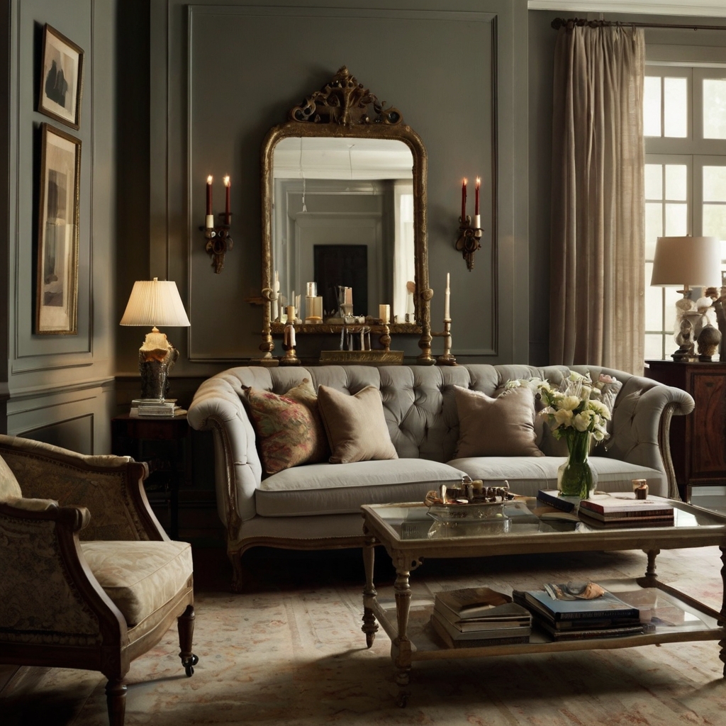 An antique-modern living room mix featuring a vintage lamp and mirror. Soft table lamp lighting creates a nostalgic, warm ambiance.