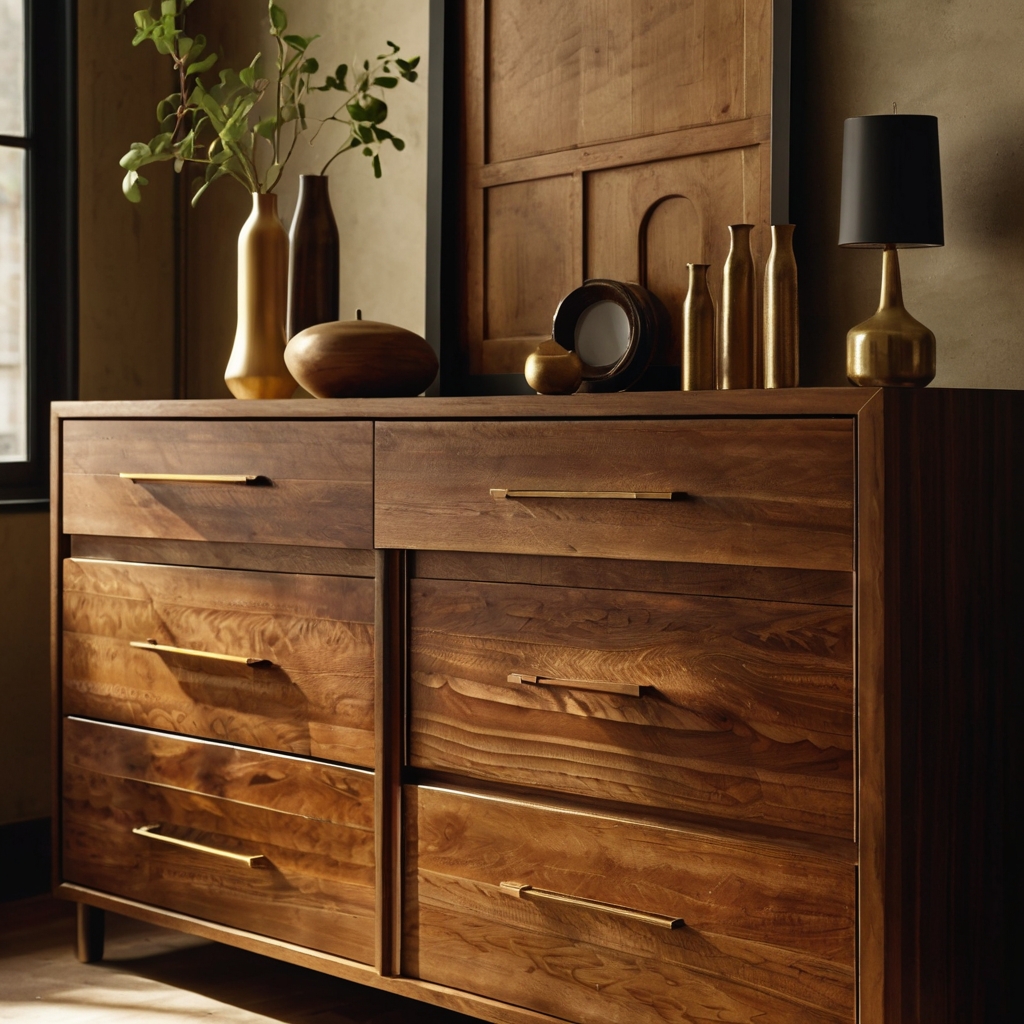 Vintage wooden dresser with sleek gold handles bathed in golden sunlight. Bold wood grains and minimal décor create a rich blend of old and new.