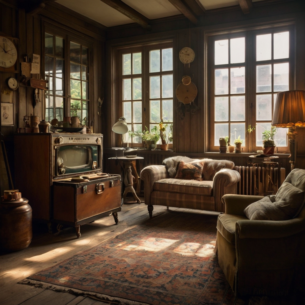 Antique suitcases and old clocks whisper untold stories. Aged textures layer soul across compact interiors.