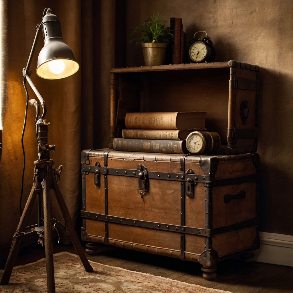 A weathered trunk repurposed as a shelf holds books with charm. Warm filament light adds nostalgia to the bedroom corner.
