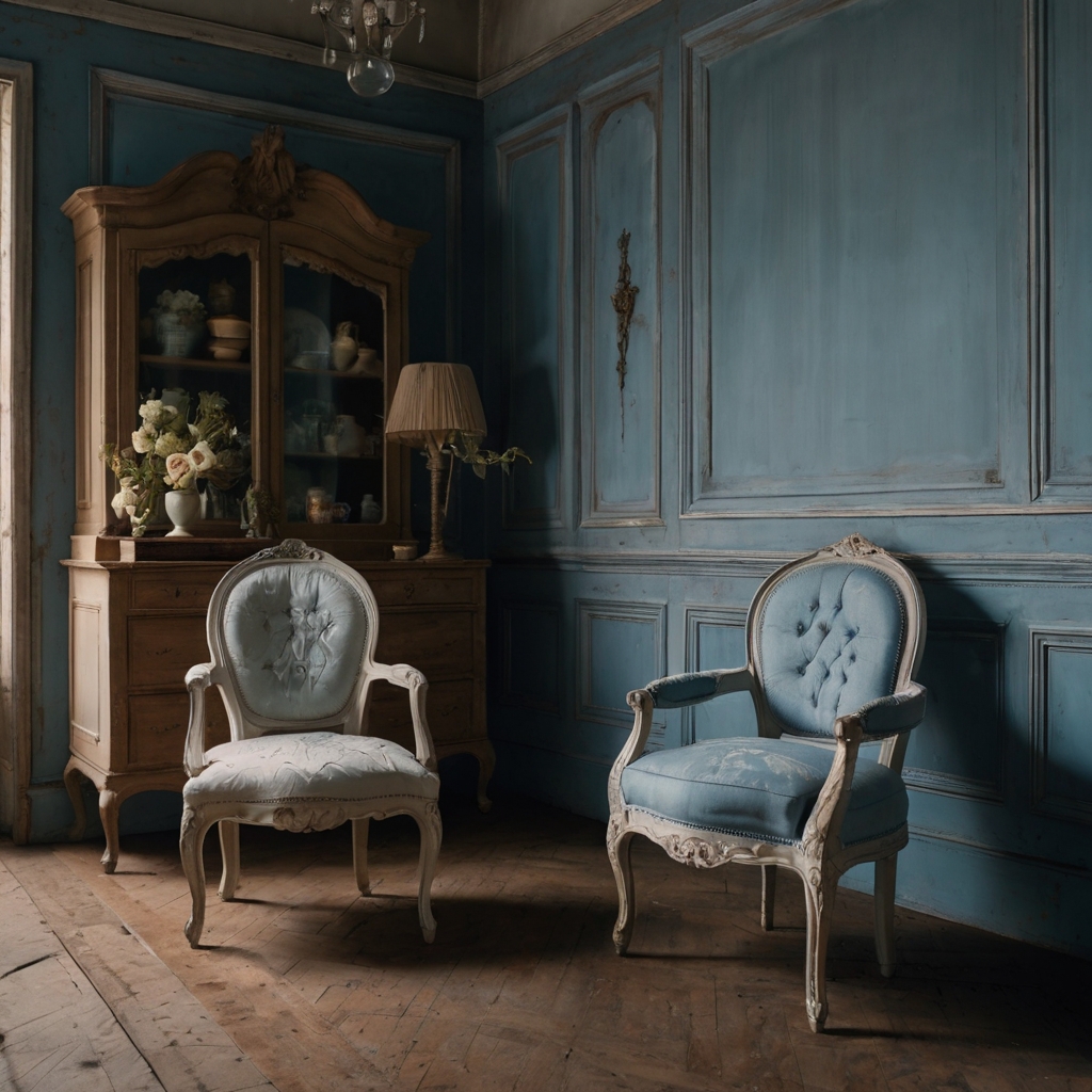 Muted tones of faded blue and cream bring vintage charm to a room with traditional furniture. Soft, warm lighting highlights the intricate details of the painted chairs.