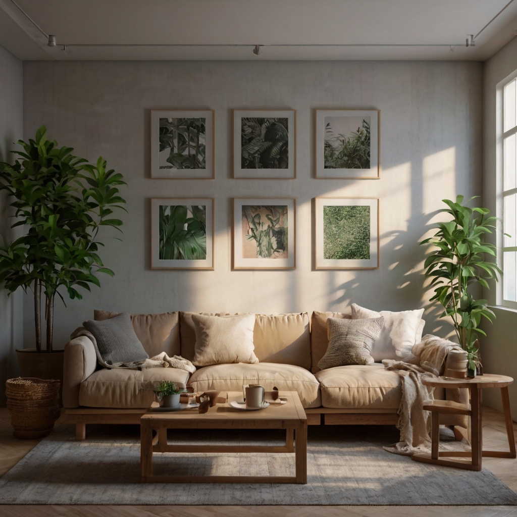Floating frames and hanging plants decorate walls lightly. Charm blooms upwards while floors stay open and airy.