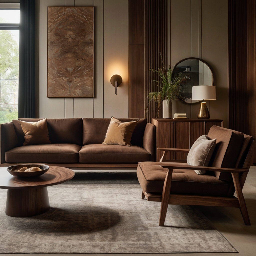 Walnut tables and chocolate couch in rich, wood-toned harmony. Warm lighting highlights elegant material depth.