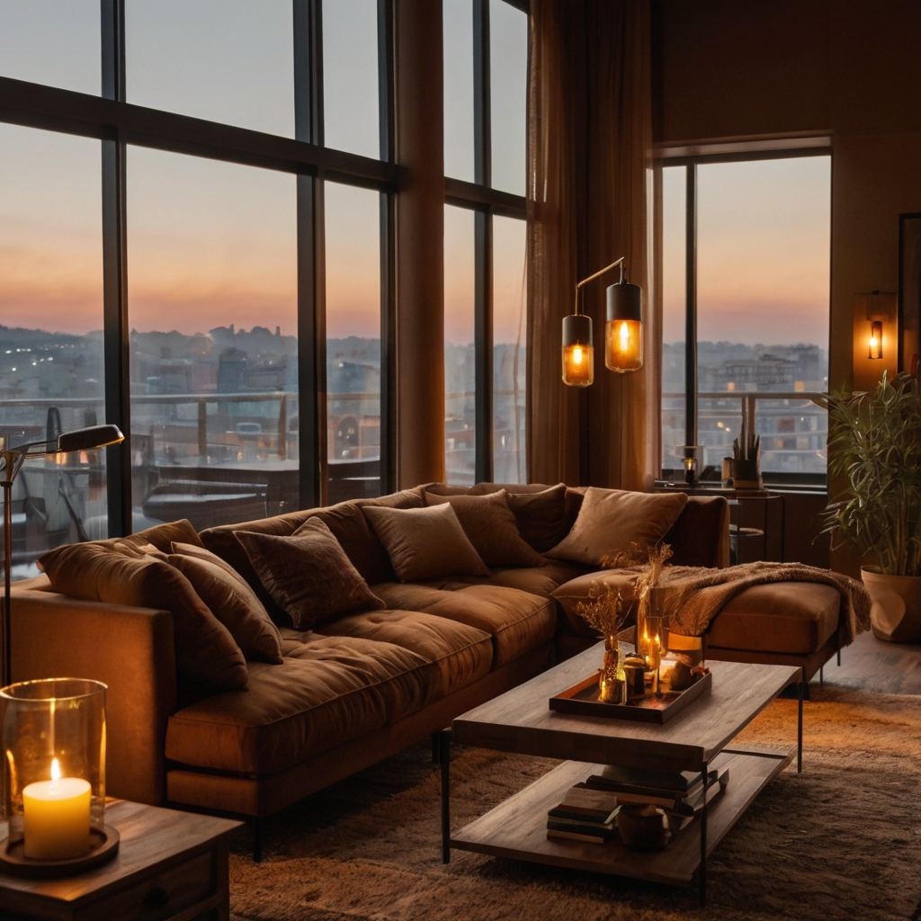 Amber lights spill over brown seating in a warm, cozy setting. Rich textures and golden hues set the tone.