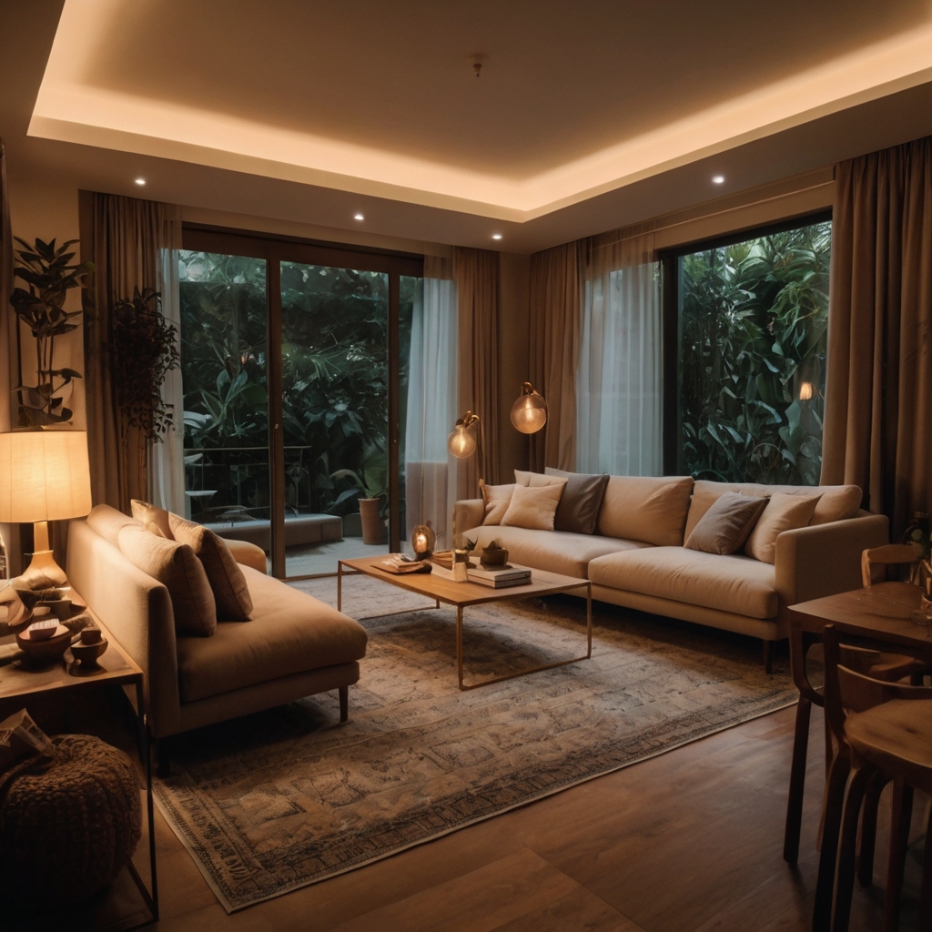 Candlelight and soft lamps reflect off blush-toned walls. Golden glows stretch cozy moods into the evening hours.
