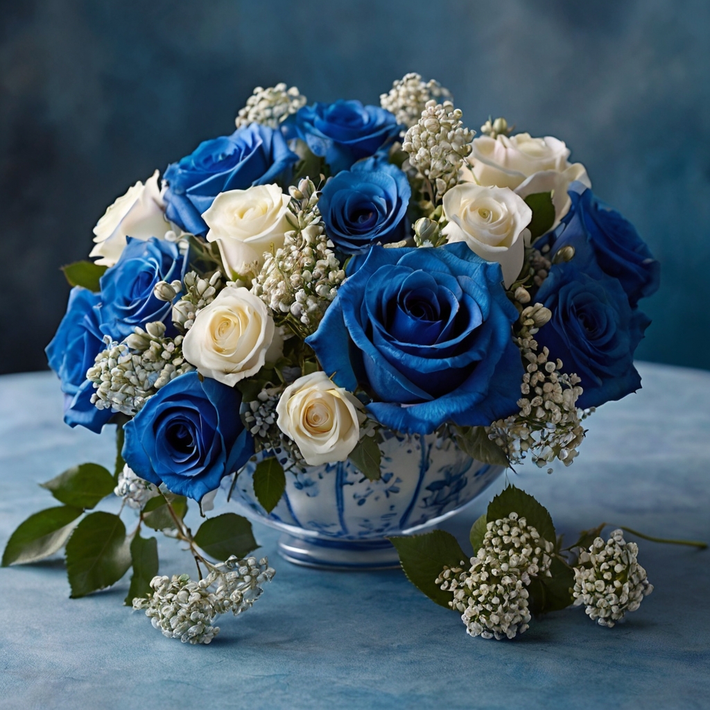 Baby’s breath forms a dreamy halo around deep blue roses, soft and cloudlike in formation. Ambient light bathes the scene in warmth, enhancing the romantic blend of textures.
