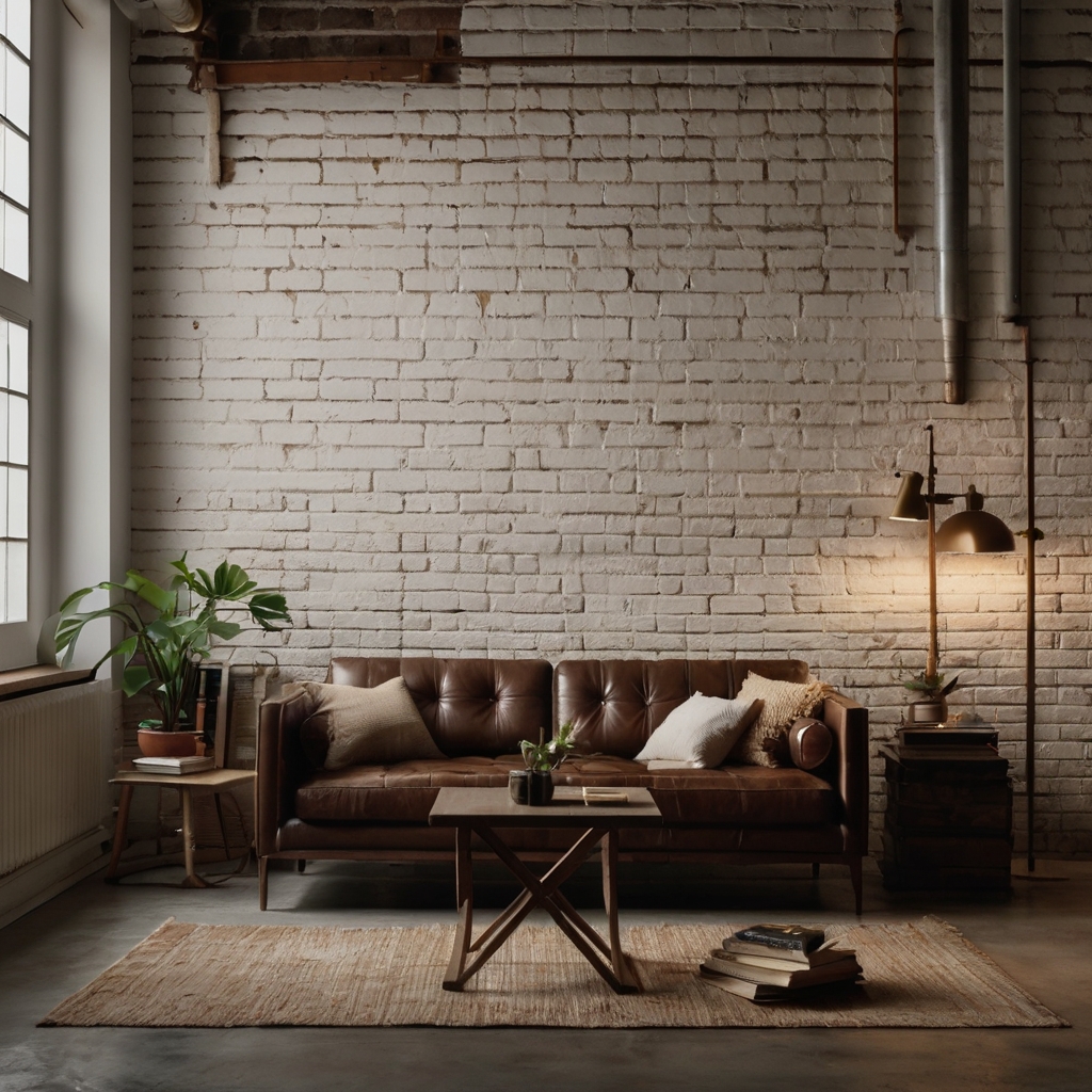 Chocolate couch in front of white brick wall with rustic-modern feel. Light and texture contrast create visual interest.