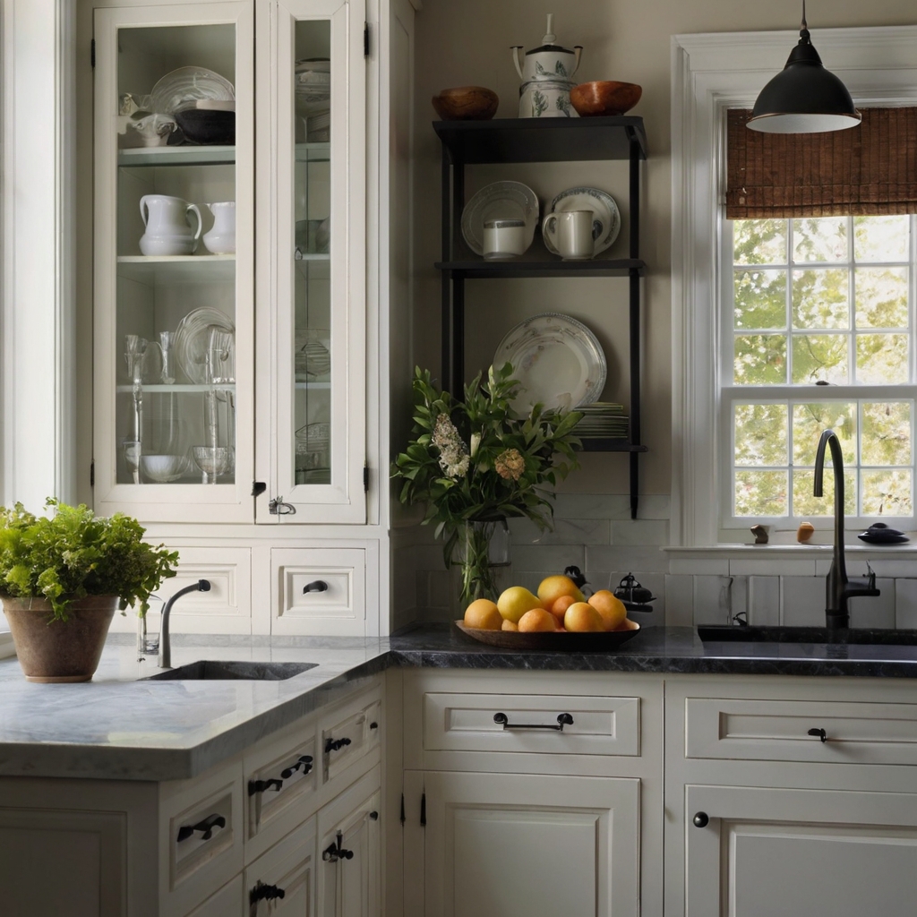 Minimalistic white kitchen cabinetry with sleek black handles, the perfect blend of modern and classic style. Soft light illuminates clean lines, highlighting the contrast between white and black elements.