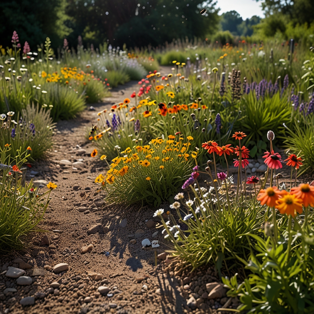 Tall wildflowers sway beside a gravel path under backlight. Bees mid-flight and soft halos create motion and magic.