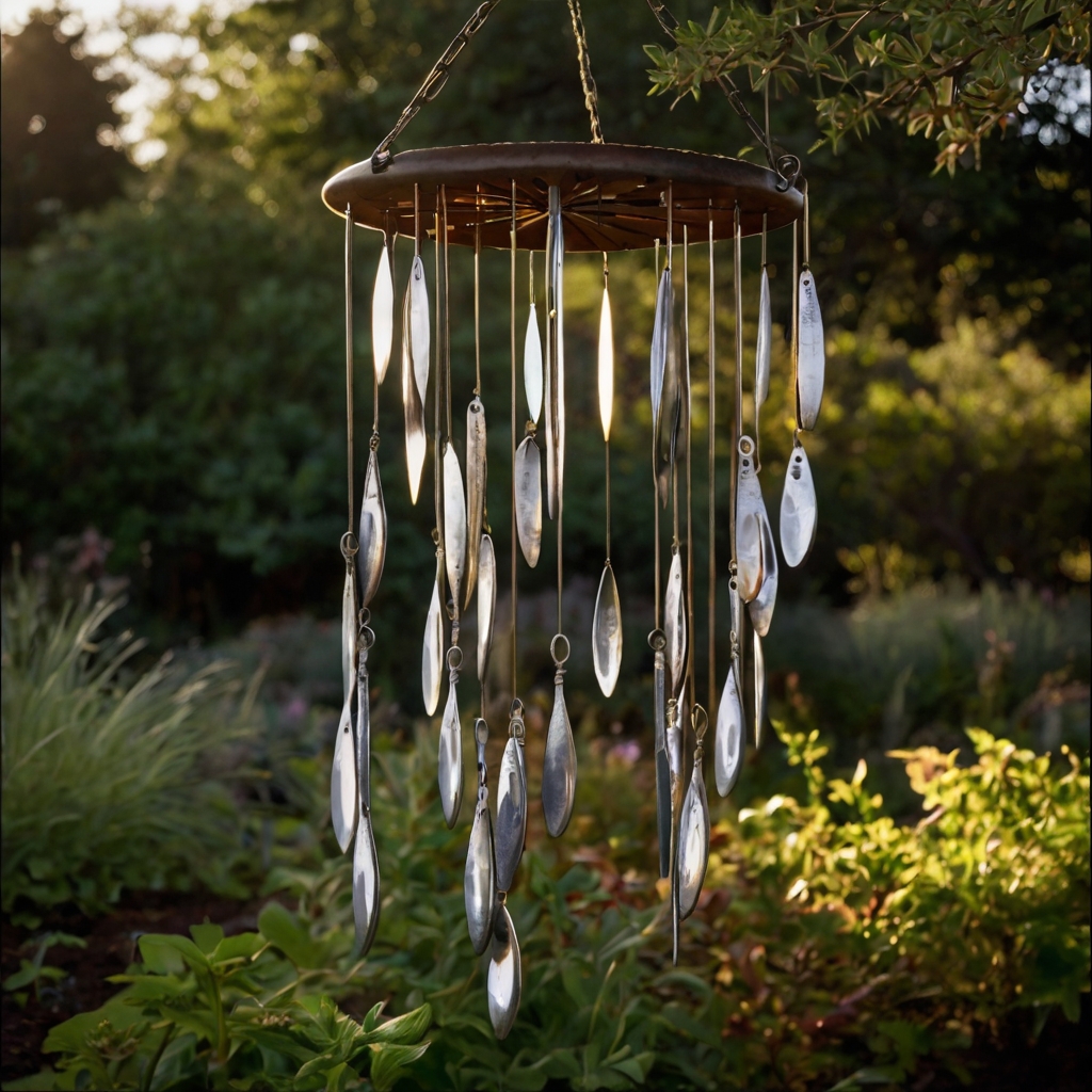 Old metal spoons hang as wind chimes near potted herbs and beams. Gentle clinks echo softly through breezy garden air.