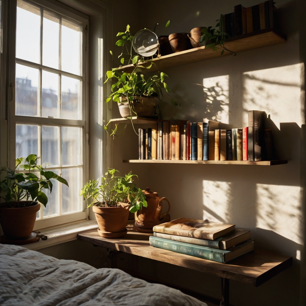Shelves frame a sunny window, holding books and greenery. Light beams through, making dust and spine shadows dance.