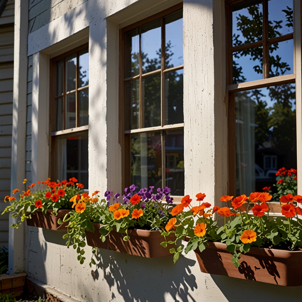 Shallow window planters overflow with petunias under noon light. Shadows dance on the wall as flowers frame each reflective pane.