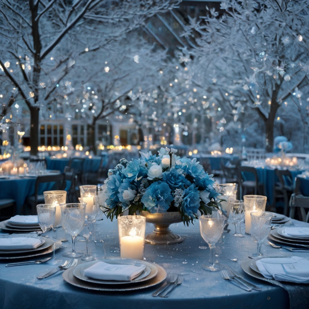 Frosted blue florals shimmer with silver tinsel and candlelight, like winter magic on a tabletop. Each bloom glistens with icy texture under the soft glow of pale lights.