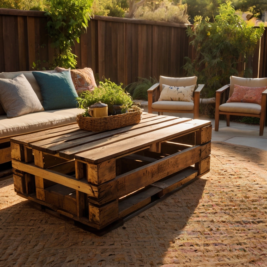 Stacked wooden crates serve as a rustic backyard coffee table. Tea cups and jars rest atop near garden chairs and swings.