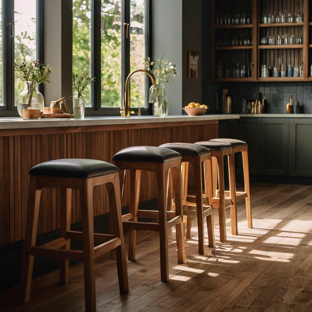 Wooden bar stools with spindles add a classic touch to the kitchen. Soft sunlight accentuates the wood's rich tones and delicate design, creating a cozy atmosphere.