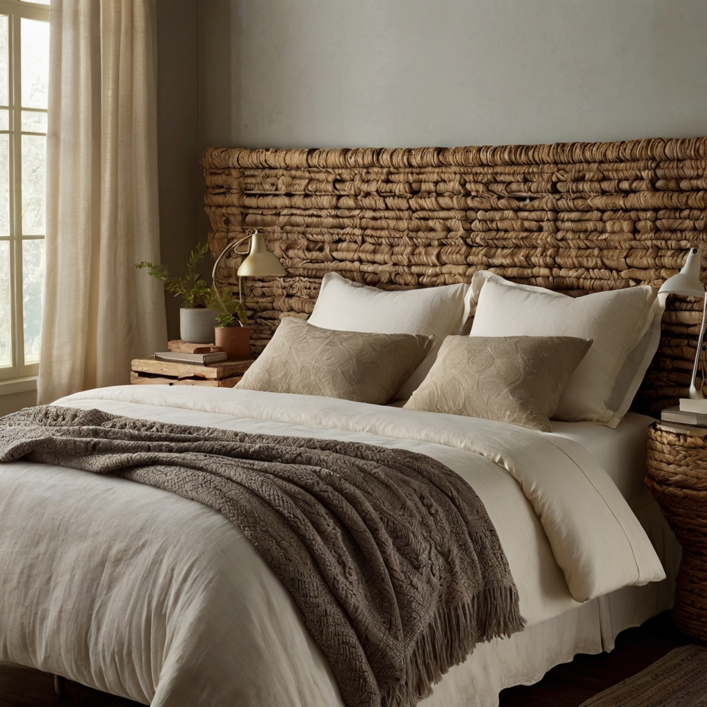 Handwoven headboard adding earthy rustic texture to a cozy bedroom. Natural fibers and intricate weaves create soothing organic warmth.