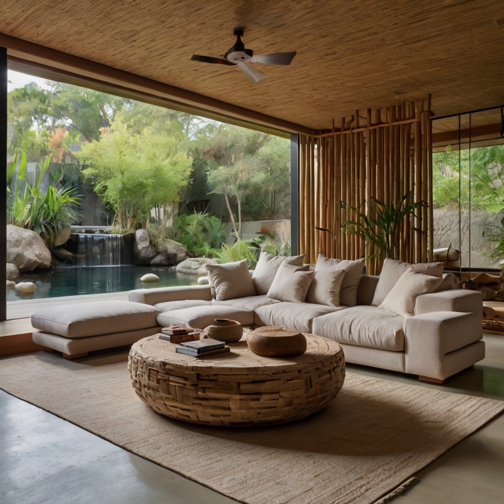A Zen-inspired living room with bamboo furniture and stone accents. Natural light and soft overhead lighting create a calming, tranquil environment.