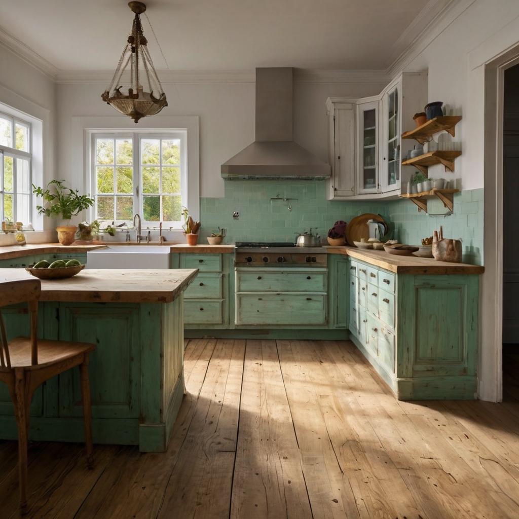 Eclectic kitchen with mismatched sea-glass green and raw pine cabinets, creating a charming, personalized look.