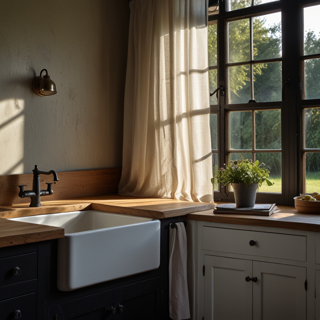 Unfitted kitchen wall with open wooden shelves displaying colorful dishes, teapots, and spice jars.