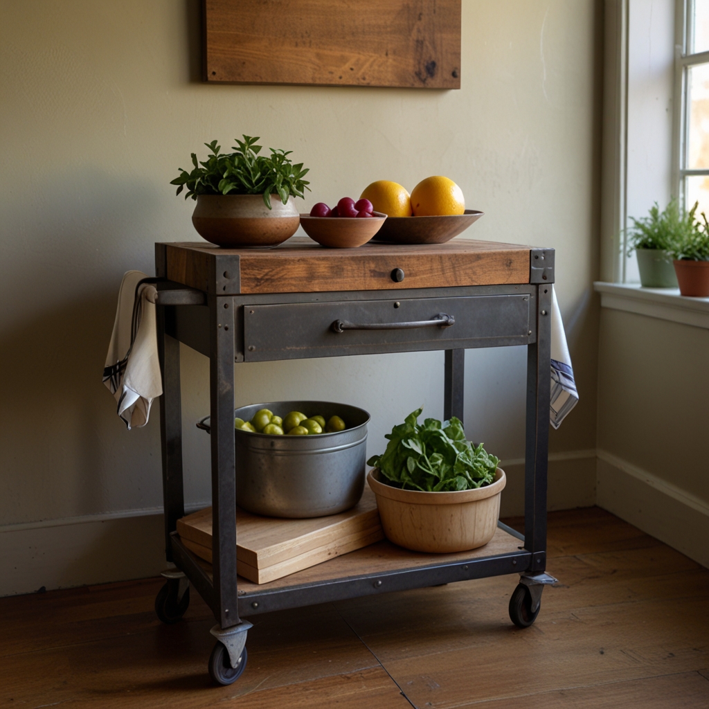 Rustic rolling kitchen cart topped with cutting boards and produce, set on worn floorboards.