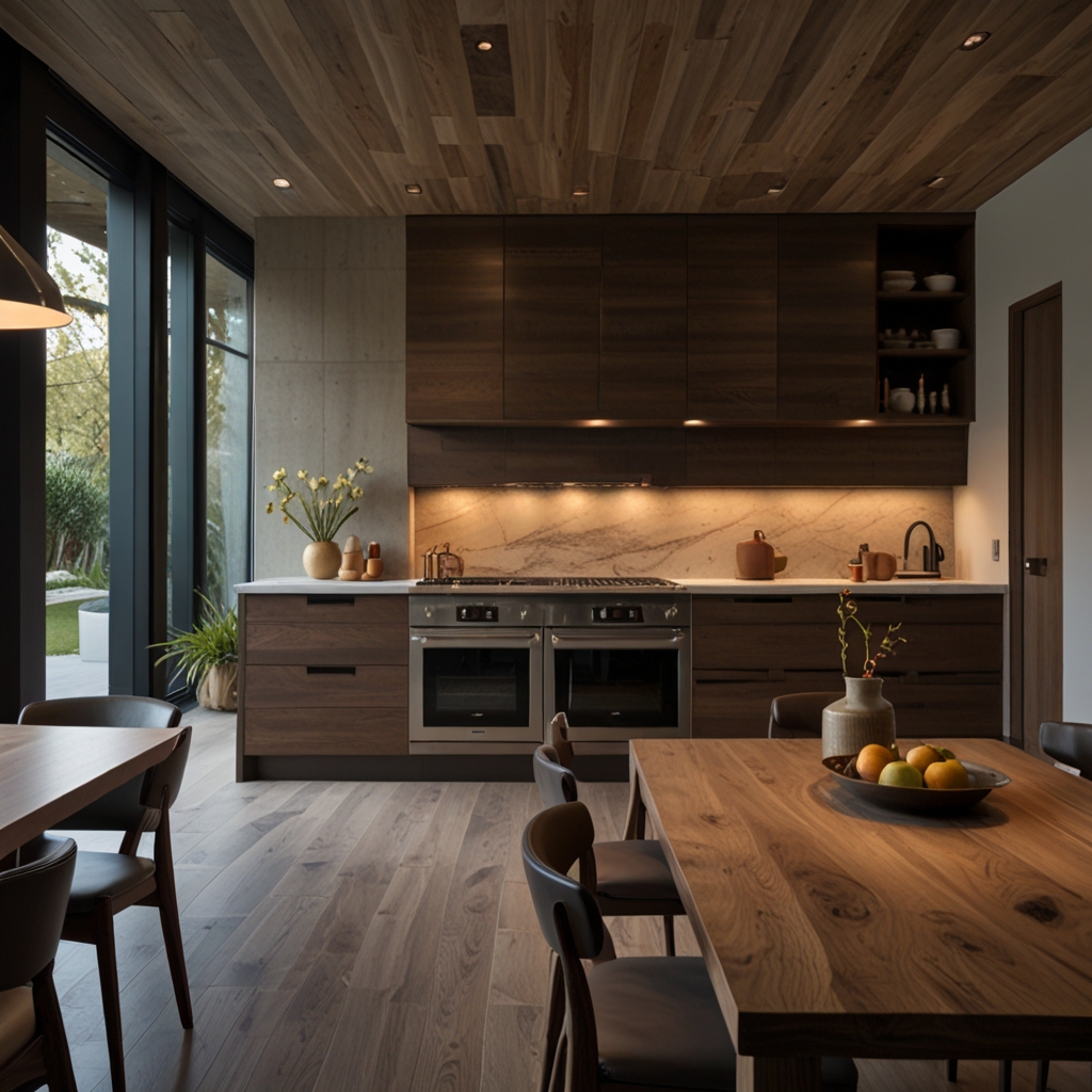 Kitchen with multiple wood tones including driftwood, oak, and walnut, arranged in rich contrast.