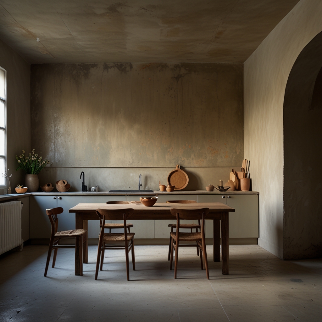 Kitchen with clean, empty plaster walls, a single framed print, and minimal cabinetry for airy effect.