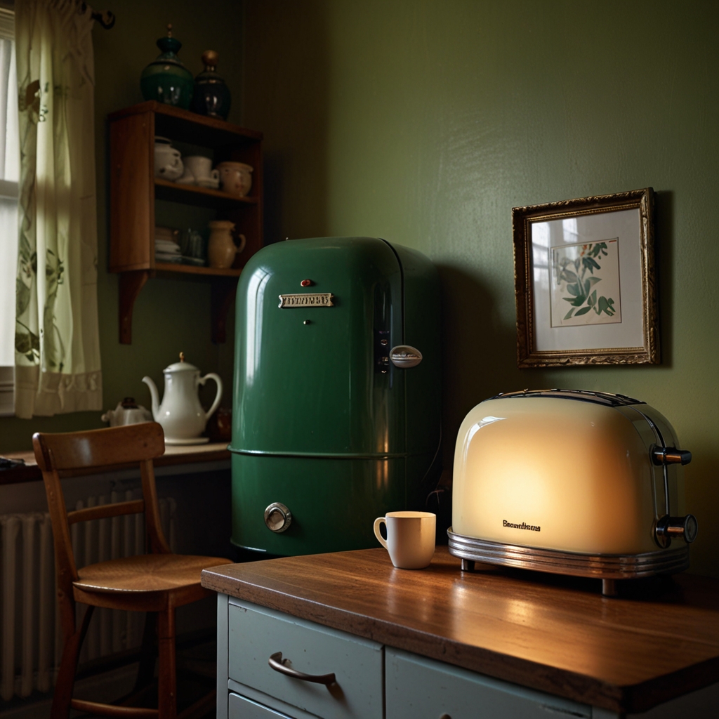 Antique floor lamp next to a refrigerator and a reading lamp above a sink in a quirky, warm kitchen.