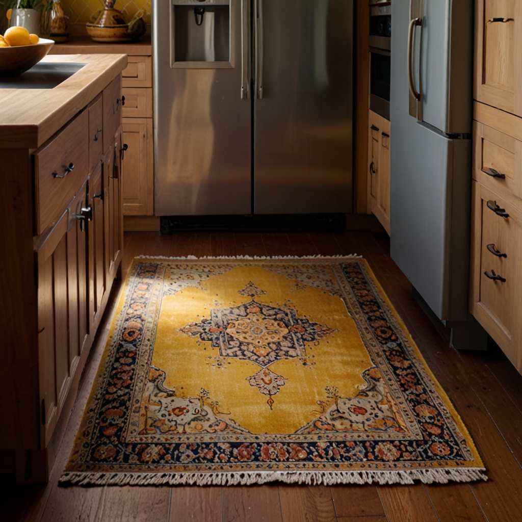 Ornate Persian rug placed beneath a rustic kitchen table with mismatched chairs and vintage decor.