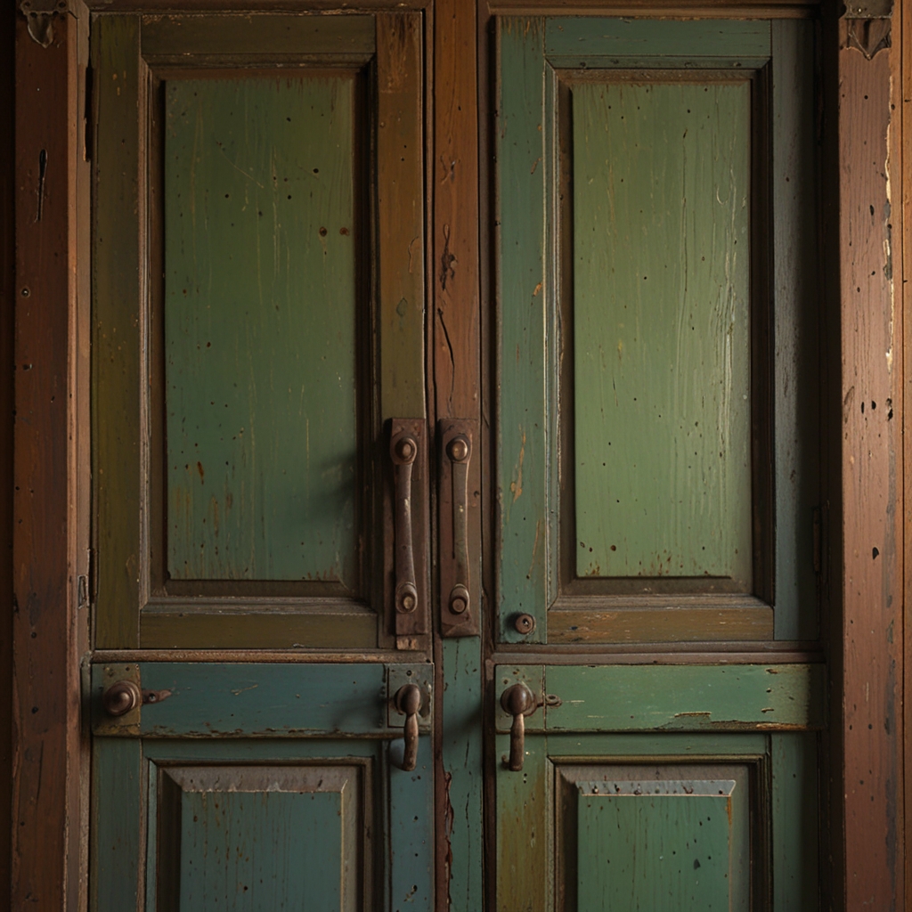 Weathered reclaimed door repurposed as a kitchen cabinet front with distressed paint and vintage handle.