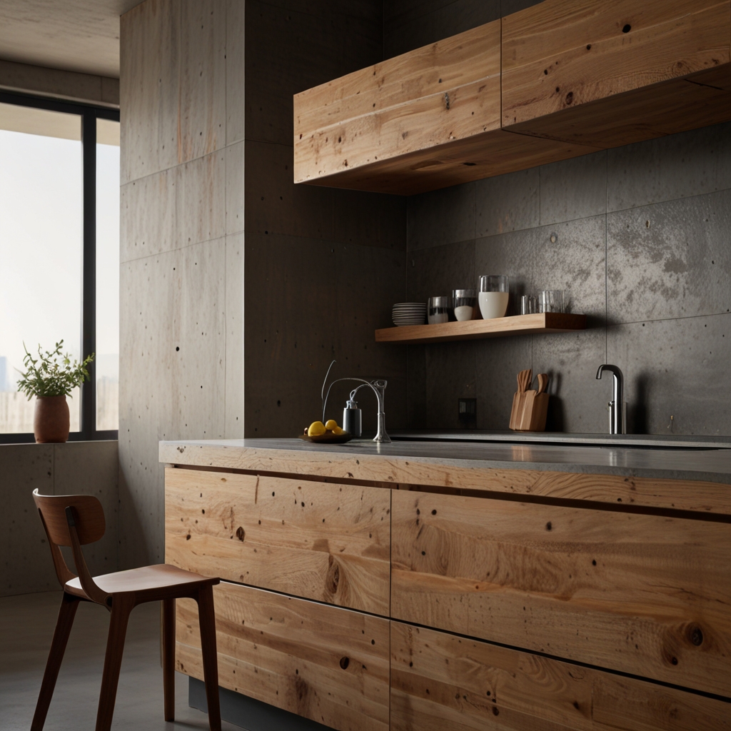 Raw wooden kitchen cabinetry with visible grain, knots, and imperfections left untreated for natural charm.