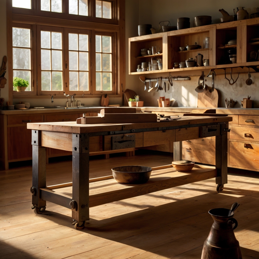 Rustic vintage carpenter’s bench repurposed as a kitchen island with visible dents and tool marks.