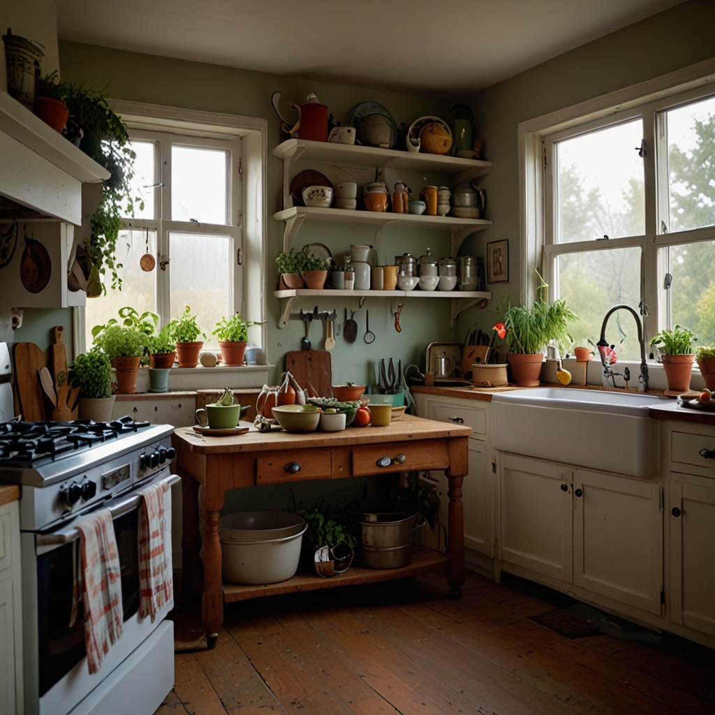 Cozy kitchen filled with collected, mismatched furniture and accents showing years of layered design choices.