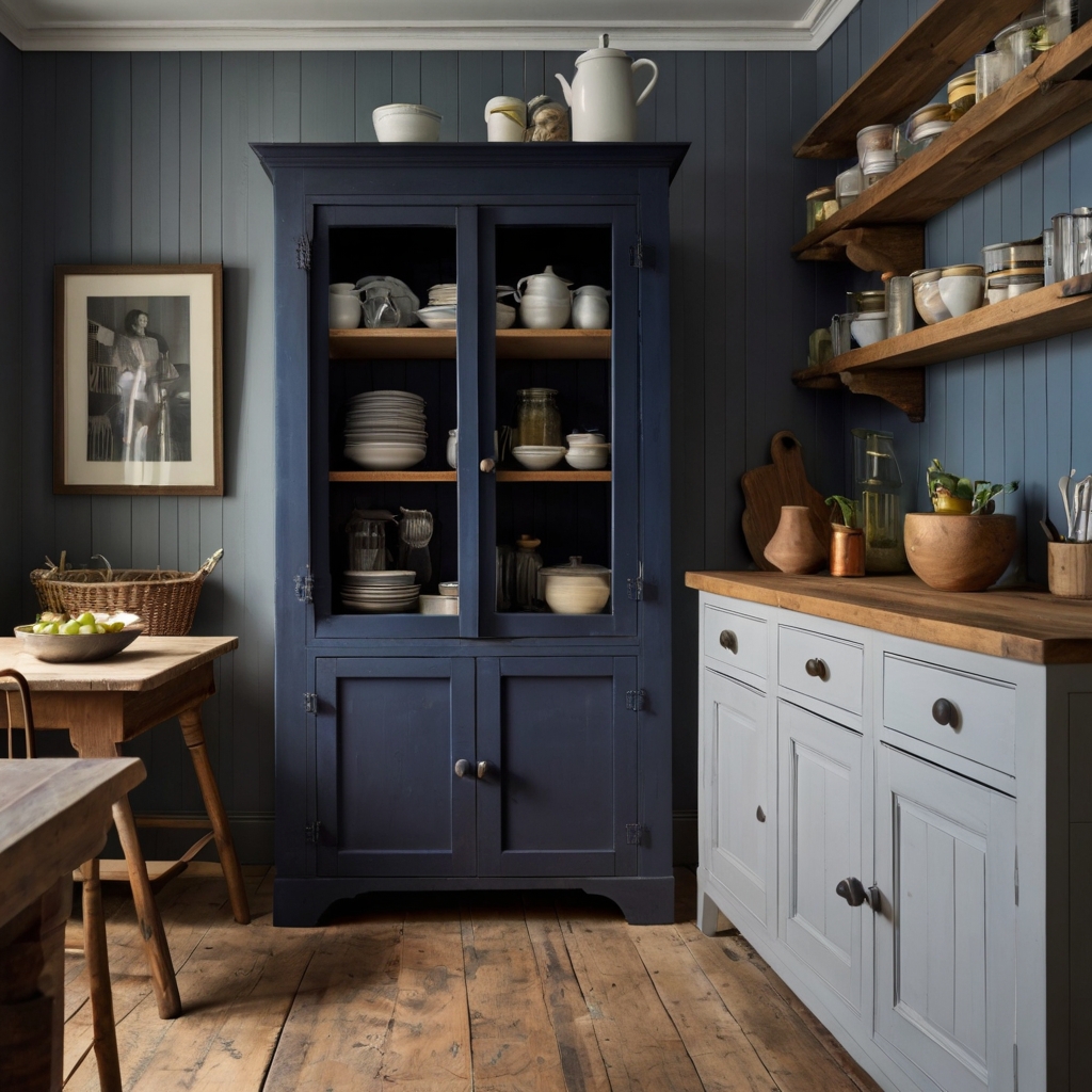 Tall standalone pantry cupboard placed in an unfitted kitchen, surrounded by movable furniture and open space.