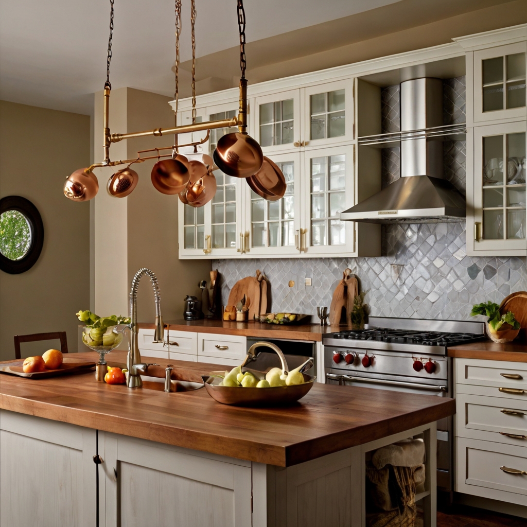Close-up of kitchen featuring copper pans, matte black faucet, and brushed steel hardware in a harmonious mix.
