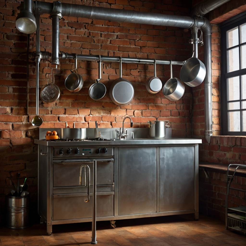 Bare metal pipes installed on kitchen wall with utensils, pots, and baskets hanging from hooks.