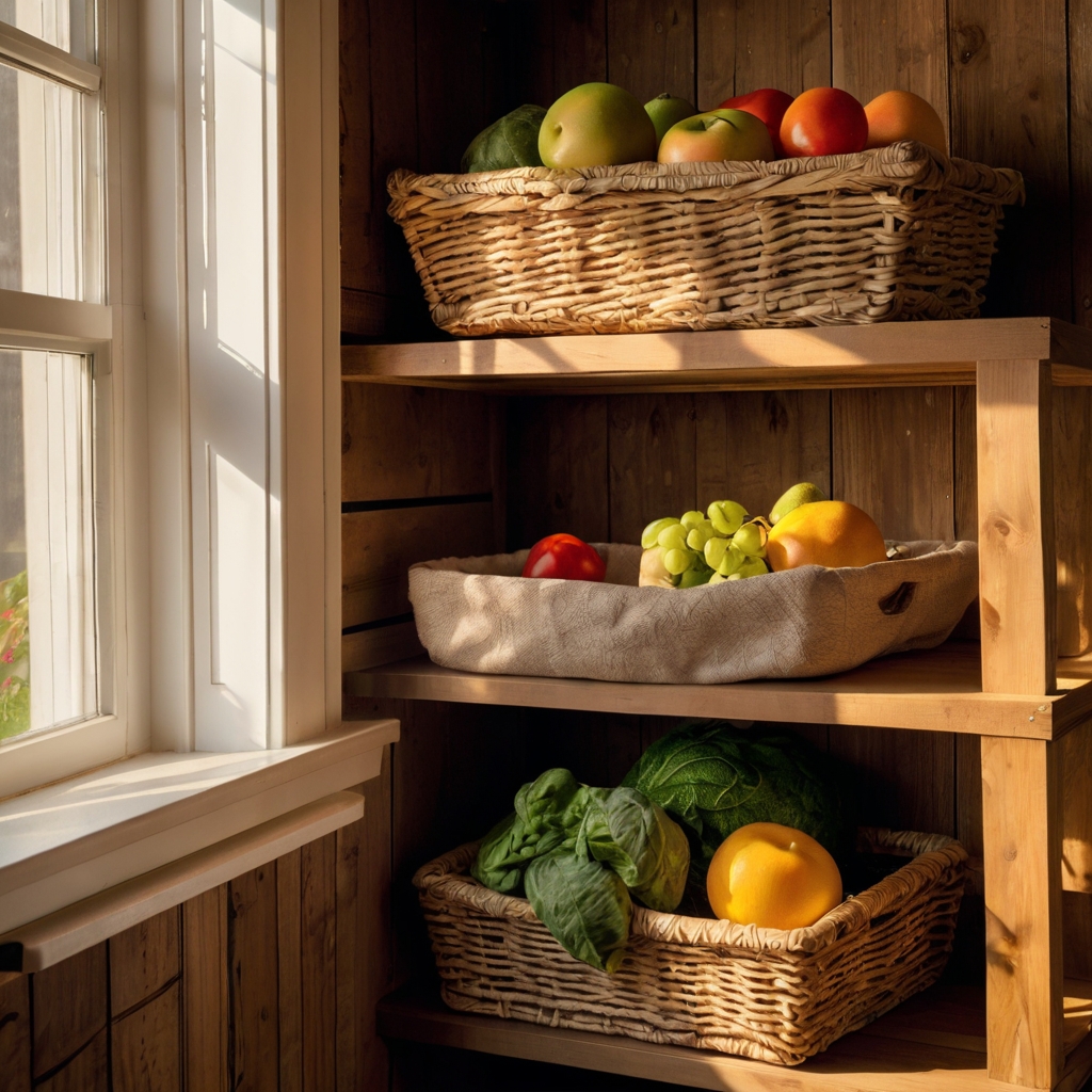 Open storage shelves filled with wicker baskets and wooden crates holding fresh produce and cookbooks.
