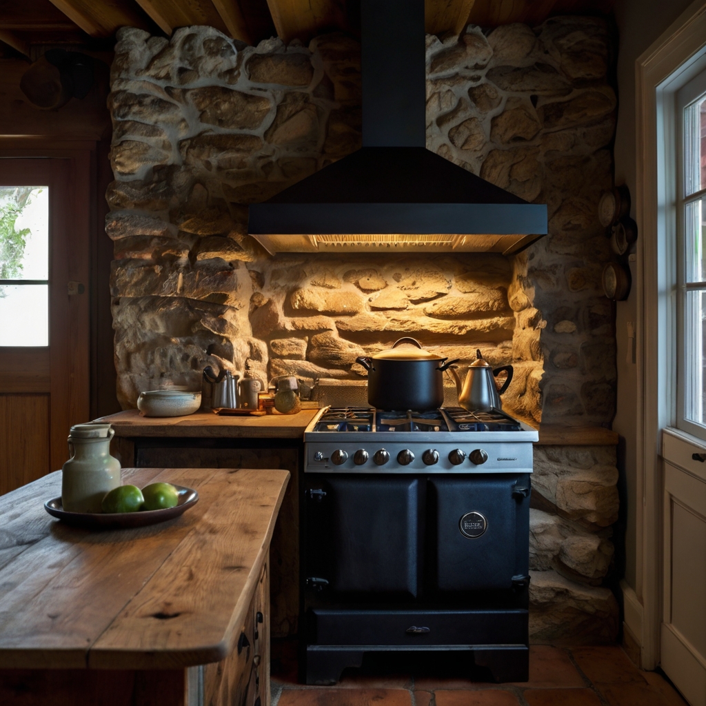 Warm wooden floor meets cool stone wall in a kitchen with a cozy and textural design contrast.