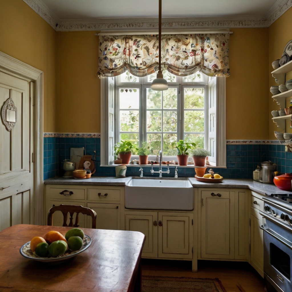 Kitchen with a vintage sink, Victorian shelf, and modern appliances arranged in a playful historical blend.