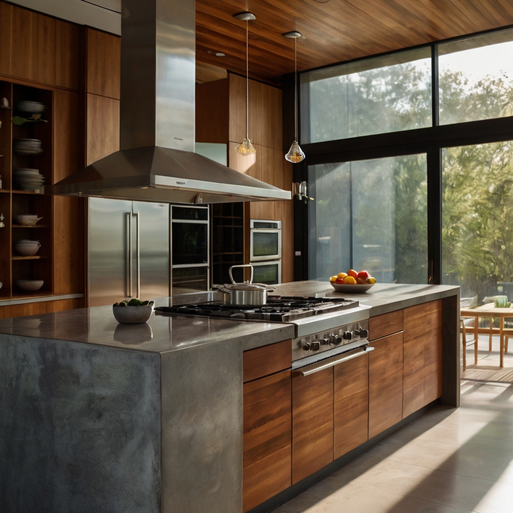 Close-up of stovetop steam rising beside walnut cabinets and polished concrete counters. Afternoon light filters in through glass doors into sunroom in background.