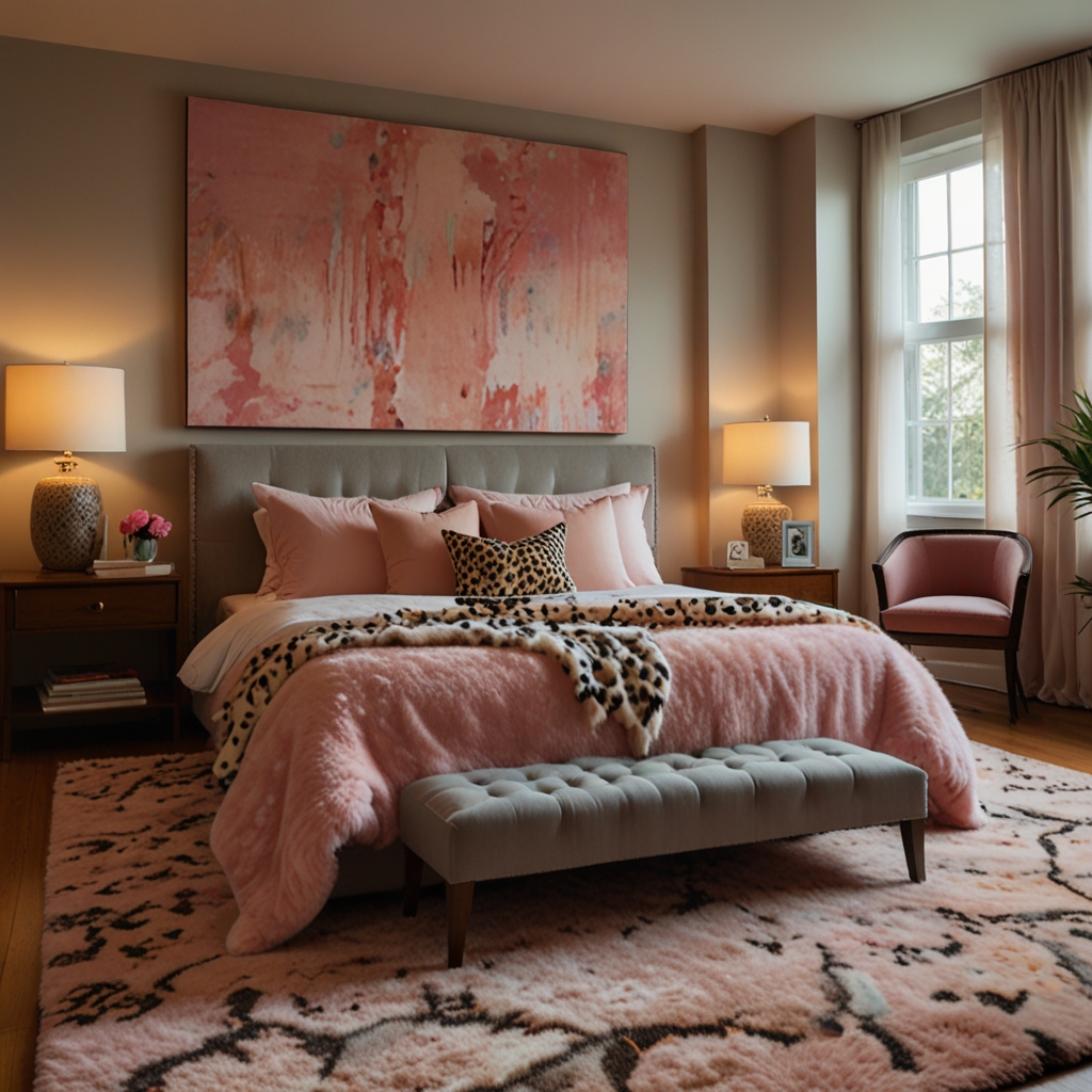 Pink-and-cheetah abstract rug grounds this mismatched soft-toned space. Light fades gently across scattered books and low light tables.