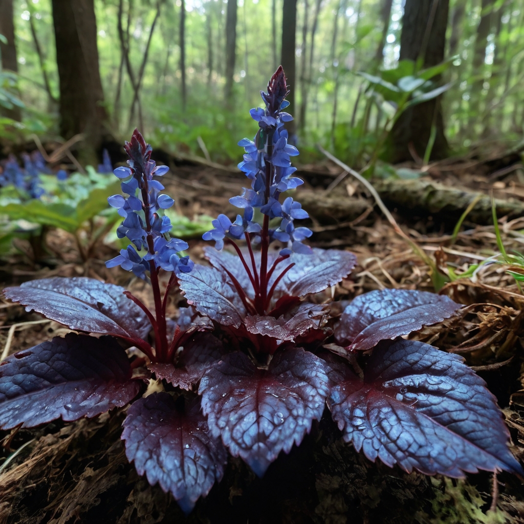 Side-forward image of burgundy-leaf ajuga with blue flower spikes, glistening after rain. Dappled forest light and leaf scatter enhance wild spring charm.