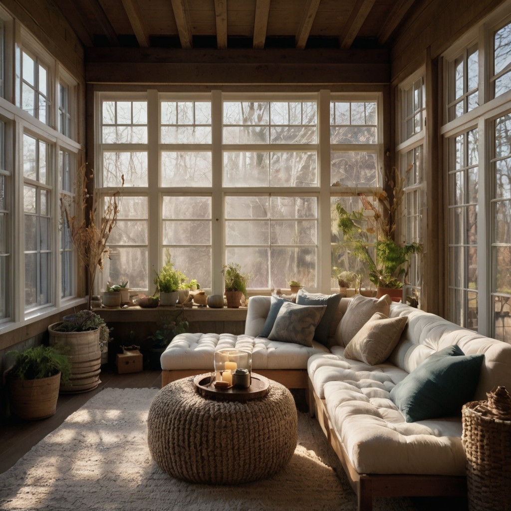 A cozy sunroom with layered textiles, from thick knits to summer linens, where soft sunlight filters through frosted windows, offering comfort in all seasons.